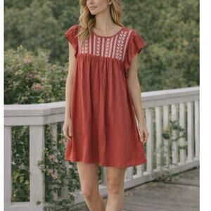 L Love Boho Embroidered Mini Dress Rust Red Flutter Sleeve Size L
